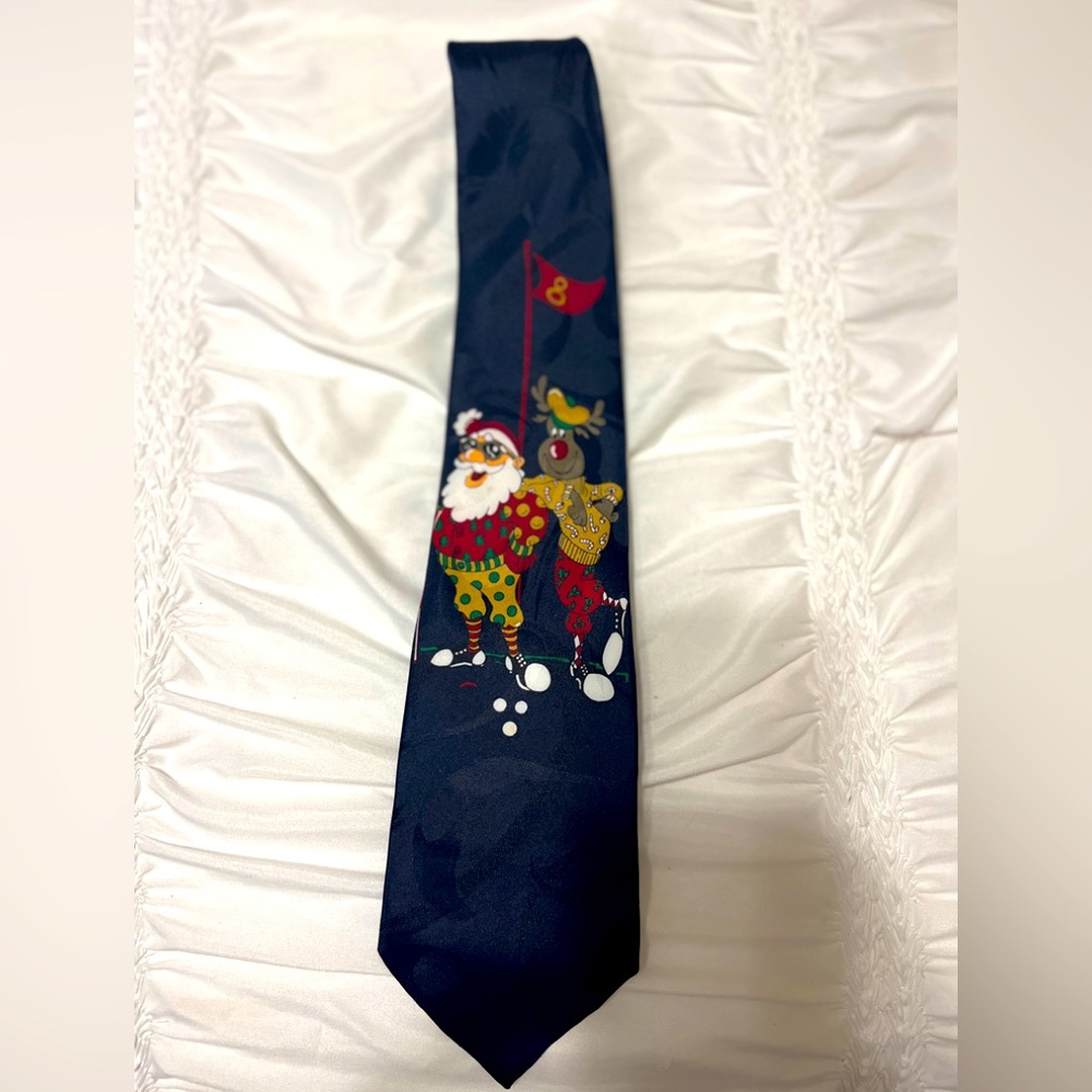 Jingle Bells Christmas polyester navy golfing Santa & Reindeer man’s tie